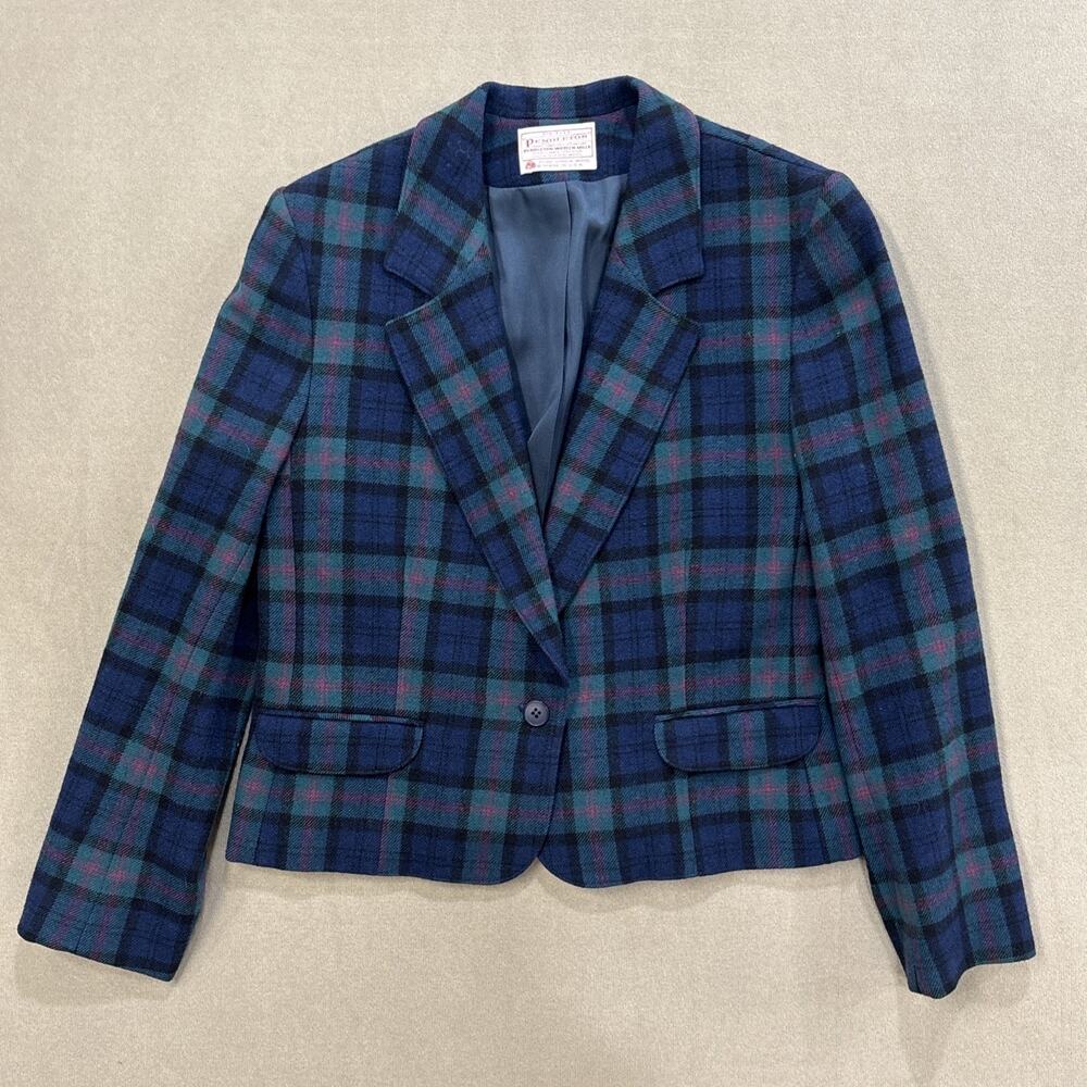 Vtg Pendleton Blue Green Plaid Women's Blazer Jacket size 12 Petite